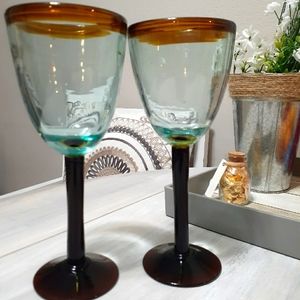 Kalalou Handblown wine glass set of 2 Amber rim and stem